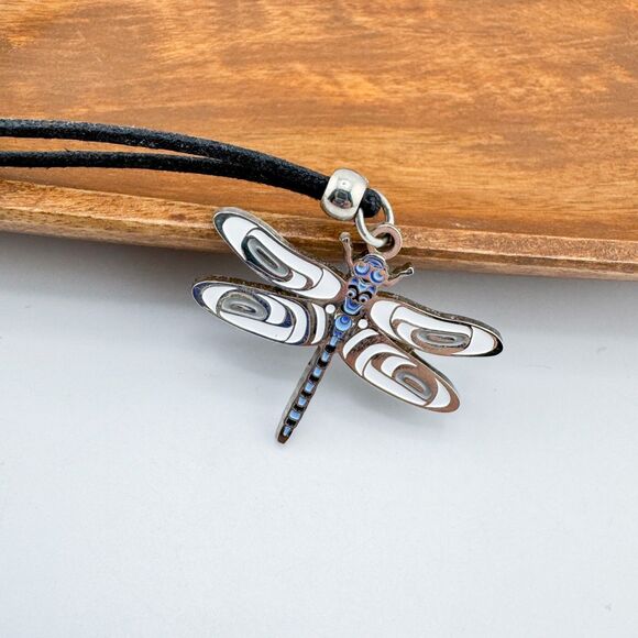 Signed A. Everson Dragonfly Pendant Canada Enamel Vintage Silver Tone Adjustable - Picture 9 of 11